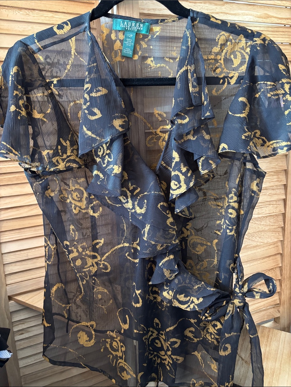 Lauren Ralph Lauren Black Sheer Ruffle Wrap Blouse with Gold Floral Print 12P